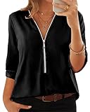  Onsoyours Chemisier Femmes Tunique Haut Demi Manches Longues Tops Lâche Blouse Chemisier Femme Chic Chemise Fermeture Éclair T-Shirt en Col V avec Zip A Noir 3XL