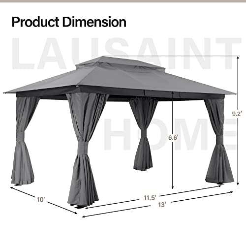 Lausaint Home Outdoor Patio Gazebo 10'X13' With Expansion Bolts, Heavy Duty Party Tent & Shelter With Double Roofs, Mosquito Nettings And Privacy Screens For Backyard, Garden, Lawn, Smoke Grey #TOP5