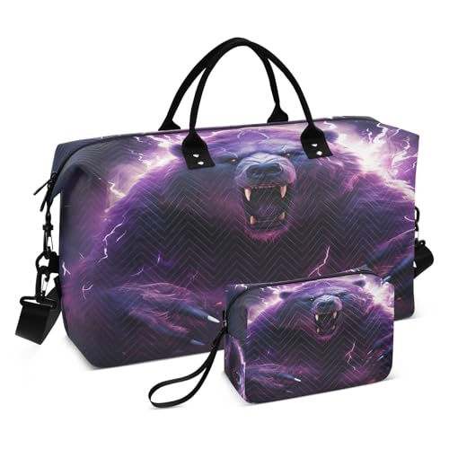 Fancy Purple Bear Travel Duffel Bags Gym Bag Weekender Handbag with Toiletry Bag for Women Girls Men