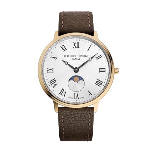 Frederique Constant Classic Quartz Moonphase Gold Stainless Steel Case Watch and Brown Leather Strap, Silver Dial, Style: FC-206RS3S5
