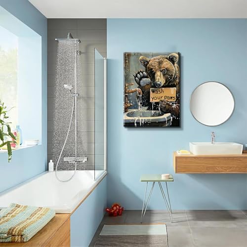 Bathroom Bear Wall Art Funny Animal Wall Decor Wash Your Paws Drawing Picture Rustic Style Poster Print Ideal Gift for Animal Lovers Suitable for Living Room Bedroom Ready to Hang (12x16in Canvas) - Image 3