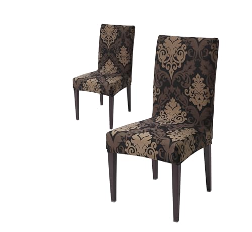 Image of Dining Chair Covers Set of 2, Stretchable Removable Washable Anti-Slip Universal Fit Printed Polyester Spandex Slipcovers (Brown Mint)