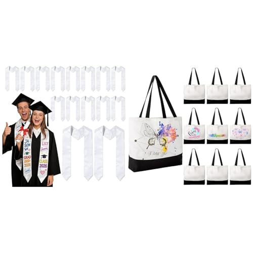 Joyclub Bundle of 15 PCS Graduation Stole and 10 Pack Large Canvas Tote Bags Bulk Sublimation Blanks with Long Handle