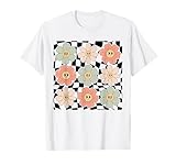 Retro Colorful Checkered Pattern Checkerboard Daisy Flowers T-Shirt