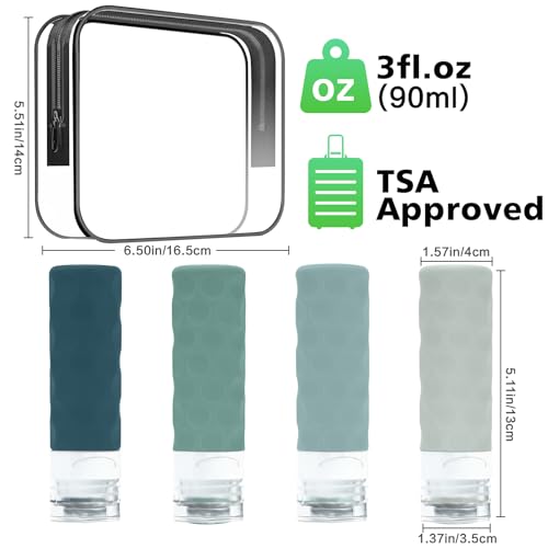 Image of Silevoler Travel Bottles for Toiletries, 4pcs Tsa Approved 3oz Travel Size Containers, BPA Free Leak Proof Premium Silicone Bottles, Refillable Liquid Squeezable Accessories W /Toiletry Bag(Mint)