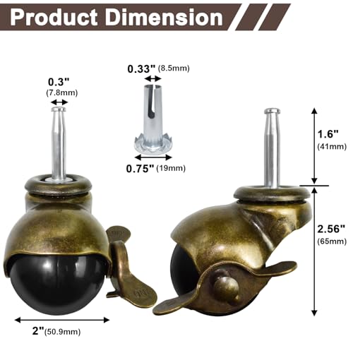 MySit 2 inch Ball Caster Wheels Brass Vintage Antique Casters with Brakes Heavy Duty Set of 4 Grip Neck with 5/16" x 1-1/2" for Furniture Legs, Cabinet by MySit - Image 2
