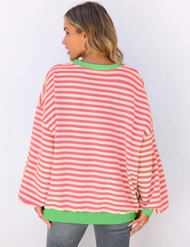 Image of UEU Women Oversized Striped Crewneck Sweatshirt Long Sleeve Color Block Pullover Tops Casual Loose Workout Shirt