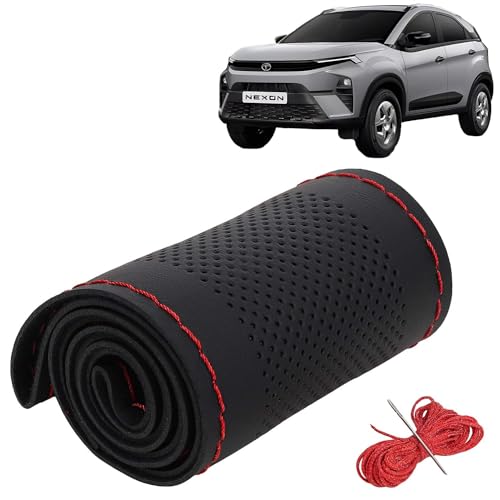 Image of KINGSWAY PU Leatherite Car Steering Cover Sewable Compatible with Tata Nexon (Year 2023 Onwards), Black Color with Red Thread, Pack of 1 with Sewing Needle and Thread