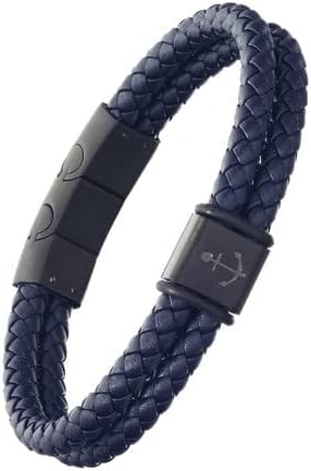 Link Up Men's Genuine Double Wrap Leather Woven Braided Bracelet- Nautical Anchor Detail Accent - Men’s Light-Weight Fashion Accessory with Secure Adjustable 3-Piece Steel Magnetic Closure, Fits 8.5” - 9” Wrists - Great Gift for Men