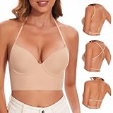 Low Back Bra for Women-Seamless Low Cut Invisiable Backless Bras- Lightly Lined Open Back Multiway Halter Bras (Nude, 34C)