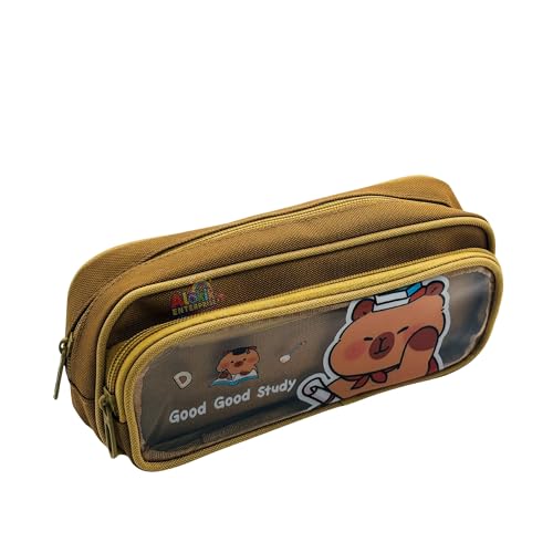Image of Alokik Enterprise Cute Cartoon Pencil Pouch with Double Zipper & Transparent Window, Large Capacity Fabric Pen Case for School, Office, Students, Kids & Teens (Good Study Brown Pouch)
