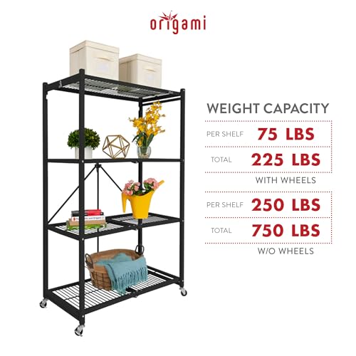 Image of Origami 3 Pack 4 Tier Foldable Metal Garage Storage Shelf Rack, Wheels & Powder Coated Steel, Black