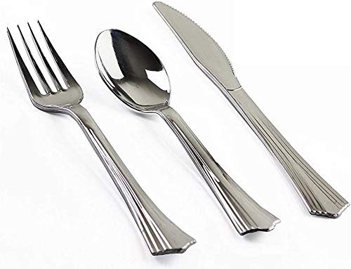 DFL - Juego de cubiertos de plástico plateado de 96 piezas, desechables, 32 cuchillos, 32 tenedores, 32 cucharaditas, juego de cubiertos para fiestas, picnics, barbacoas, cocina en el hogar