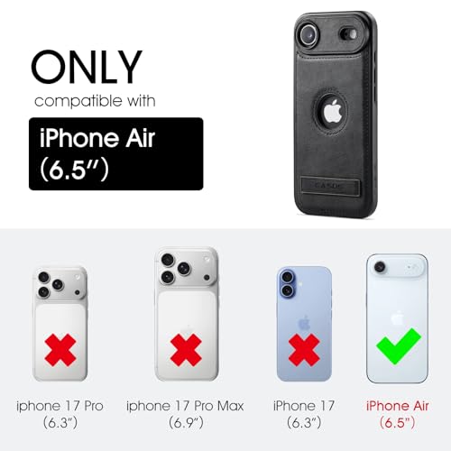 Image of Casus Designed for iPhone Air Case Compatible with MagSafe Kickstand Vegan Leather Classic Luxury Elegant Thin Protective Cover with Tempered Glass Screen (2025) 6.5 inch - Black