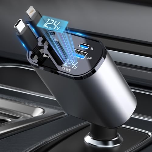 Retractable Car Charger, 4-in-1 Fast Car Phone Charger, 2 Retractable Cables (31.5 inch) and 2 USB Ports Car Charger Adapter for iPhone 16/15/14/13/12 Pro Max, iPad, Samsung, Pixel