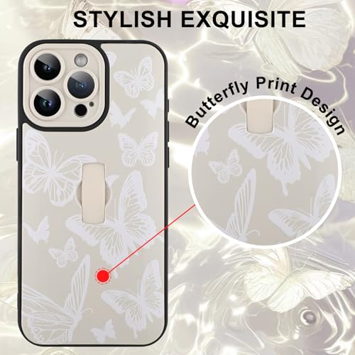 Image of for iPhone 15 Pro Max Case with Finger Strap Holder, Cute Cool Butterfly Print Pattern Design for Women Men, Shockproof Anti Scratch Hand Kickstand Protective Cover, White