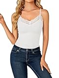 LYANER Women's Lace V Neck Camisole Adjustable Strap Cami Sleeveless Tank Undershirt Top White Small