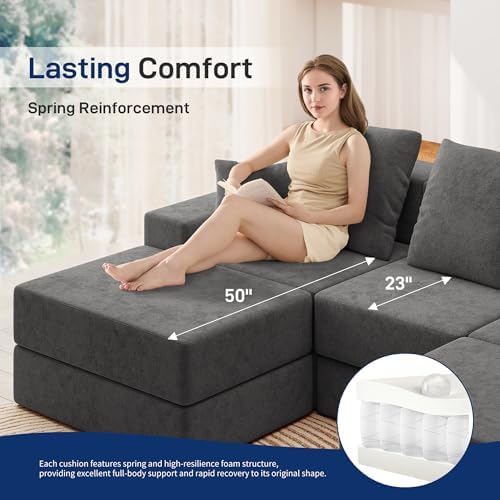 Living&Giving 128" U-Shaped Cloud Sectional Couch for Living Room, Cloud Boneless Couch-No Assembly with Reversible Chaise, Customizable 4-Seat Modular Sectional Sofa with 3 Ottoman,Dark Grey — view 6