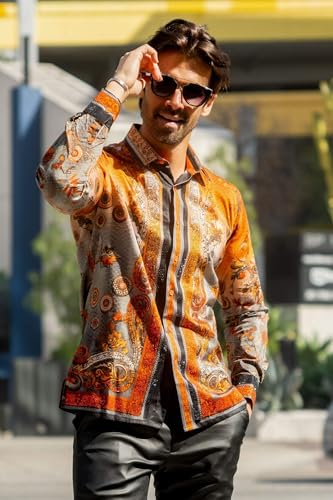 Barabas Men's Rhinestone Floral Snake Skin Long Sleeve Shirts 3SPR4083