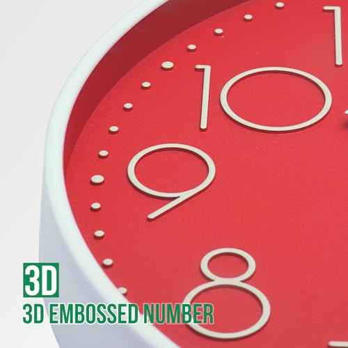 Image of Wall Clock 10 Inch Non-Ticking Silent Modern Simple Style Round Decor Clock Red Stereoscopic Dial Quartz Wall Clocks for Home /Office /School /Living Room /Bedroom /Kitchen