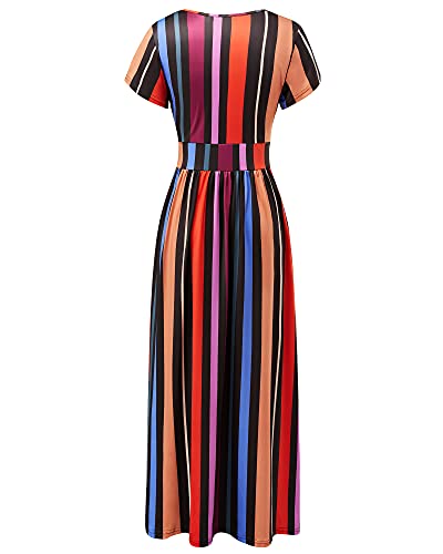 OUGES Sommerkleid Damen Kurzarm/Langarm V-Ausschnitt Kleid Casual Kleider Maxikleid mit Taschen – Bild 5