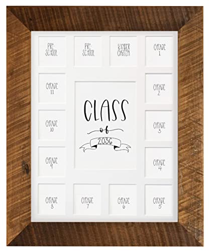 Image of Rustic Red Door Co. School Years Reclaimed Wood Picture Frame with Mat - 11x14 Wooden Framed 15 Photo Collage Mat Pre-School & Kindergarten to 12th Grade High School Graduation (Class of 2036, White)