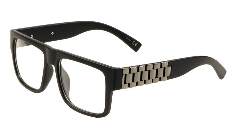 Metal Links Watch Band Square Hip Hop Sunglasses (Matte Black & Gunmetal Frame, Clear Lenses)-image-48