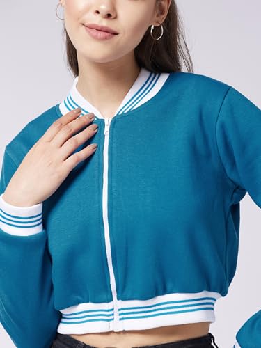 Image of Miss Chase Women's Off White V-Neck Full Sleeves Bomber Cropped Jacket