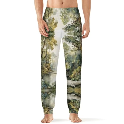 Watercolor Streams Jungles Crocodiles Men's Pajama Bottoms Sleep Lounge Soft Comfy Pants Sleepwear