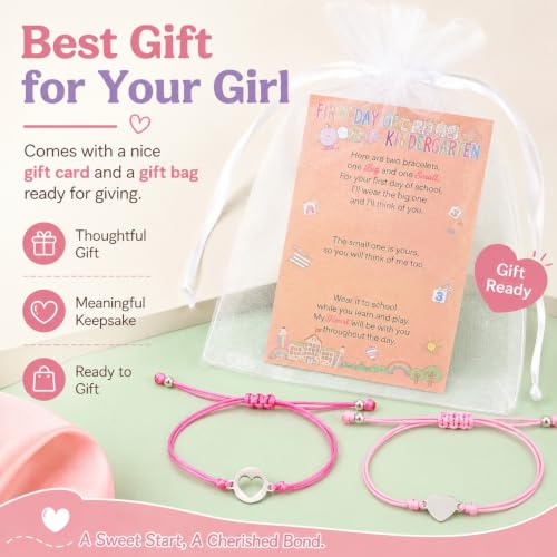 Image of Babycop Back to School Supplies, First Day of Kindergarten Bracelet Mommy and Me - Prek Matching Heart Wish Adjustable Bracelet Set, First Day of School Gifts for Girls Boys Mom & Daughter (2PCS)