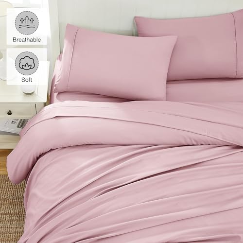 Image of Softan Microfiber Queen Sheet Set with Non-Slip Corner Straps, Pink | 15 inch Deep Pocket Fitted Bed Sheets, Double Brushed Microfiber, Cozy Sheets & Pillowcase for All Season