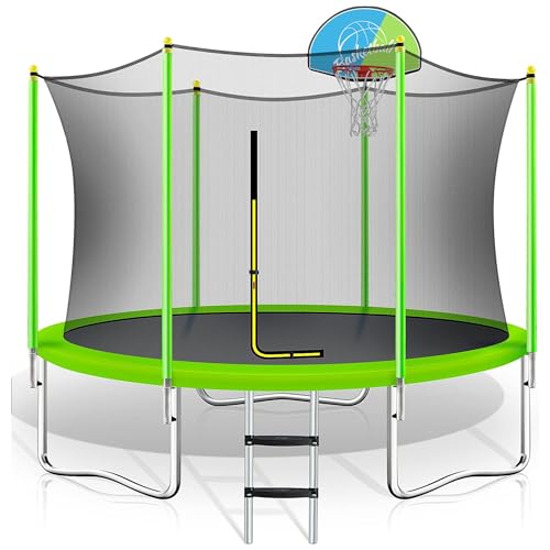 Merax 10FT Outdoor Trampoline with Basketball Hoop,Safety Enclosure and Ladder,Outdoor Recreational Trampoline for Kids Green