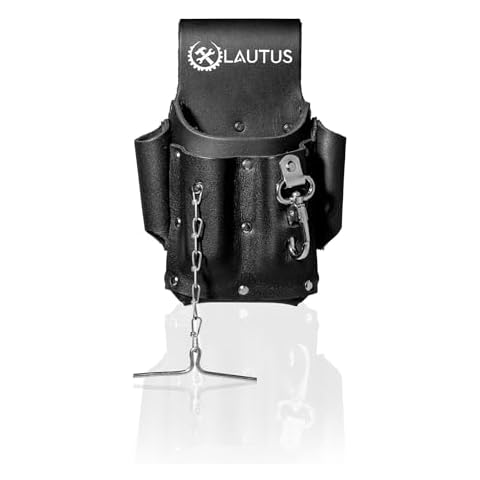 LAUTUS Electrician Full Top Grain Leather Tool Pouch; 5 Pocket Pouch with Electrical Tape Chain; Durable Compartments; Washer Rivets; Includes Metal Tool Clip; Black Cover
