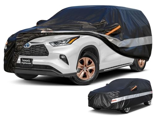 Image of Holhtly Car Cover Custom Fit for Toyota Highlander, Car Covers for Automobiles All Weather Waterproof Sun Snow Rain Wind Dust Protection, Outdoor Car Cover Black & Grey