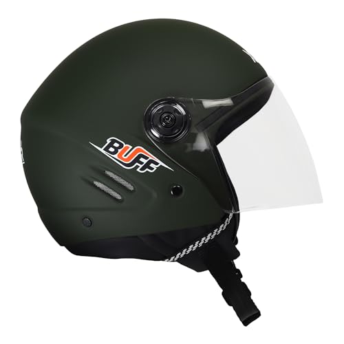 Image of Buff Open Face Motorcycle Helmet Medium MT Green | ISI Certified Unisex Bike Helmet | Lightweight ABS Shell with Clear Visor & Quick Release Strap for Scooter & Bike Riders