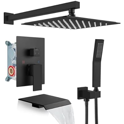 gotonovo 10'' Rain Shower Faucet System Rainfall Shower Head with Handheld Sprayer Waterfall Tub Spout Wall Mounted Mixer Combo Rough-in Valve and Trim Included 5.7 Inch Wide Spout Matte Black