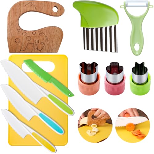 11 teiliges Kindermesser Set, Kinder Sicherheit Kochmesser Küchenmesser Set mit Gemüse Ausstechformen, Holzmesser, Schneidebrett für Kinder ab 3...