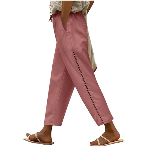Linen Clothes for Seniors Women's Breathable Cotton-Linen Pants Casual Summer Crop Trousers High Waisted Drawstring