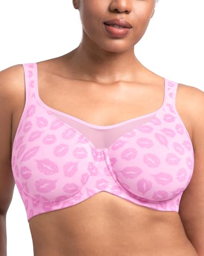 Image of HSIA Minimizer Bras for Women Plus Size, Full Coverage Coolcomfort T Shirt Unlined Bra with Underwire for Heavy Breast, Blush Pink Lip Print 36DD