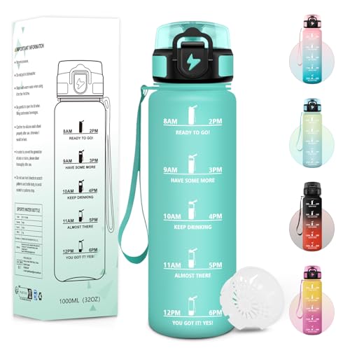 Baramumu Botella Agua, 1000ML Libre de BPA, Botella de Agua Gimnasio, Diseño de Cerradura a Prueba de Fugas, cantimplora, Con Marca de Tiempo, Cantimplora Deporte para Deportes, Camping - Azul&verde
