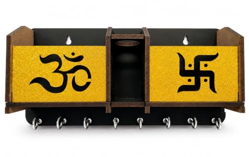 Image of Wooden Om Design TV Remote Mobile Stand Key and Pen Holder for Home, Office, Hall, Living Room Pocket Pen Special Designer Home Furnishing Two Box Wall Mounted Wall Keys Holder