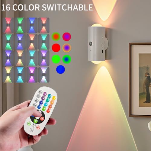2 Stück Wandlampe Akku mit Bewegungsmelder Schalter Fernbedienung RGB-Farbwechsel Magnetisch Nachtlicht Weiß Rund LED Wandleuchte Innen Wall Light für Drinnen Draußen Flur Wohnzimmer
