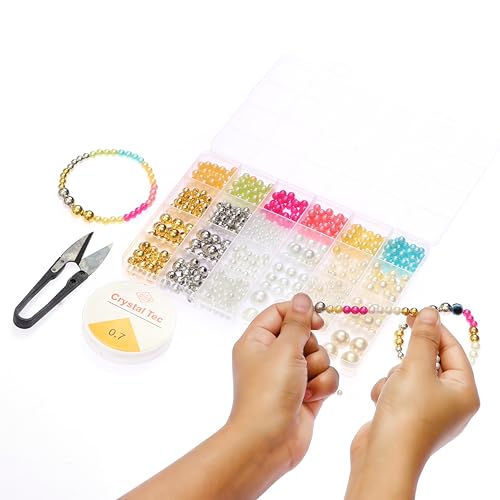 Image of ambitieux DIY Bracelet Making Kit - 24 Colorful Beads, 10m Elastic Thread, Jute Bag, and Cutter - Gift for Girls Birthdays (Pearl Beads)