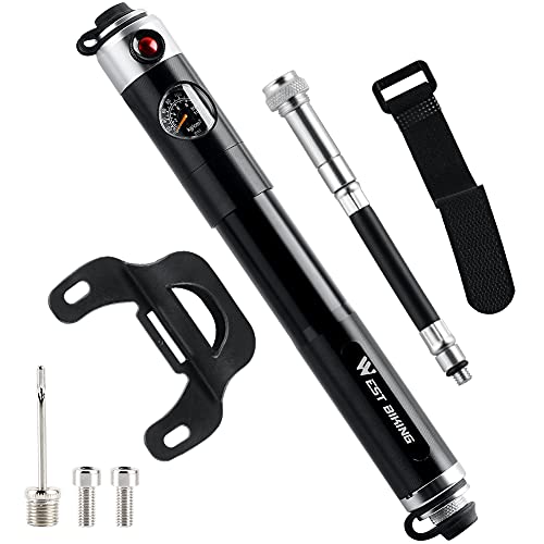 Bike Pump, Bicycle Pump with Pressure Gauge, Schrader/Presta Valve Pump, Mini Portable Bike Emergency Pump, high Pressure 160 PSI Fast Inflatable Pocket air Pump, with Pressure Gauge, Exhaust Valve
