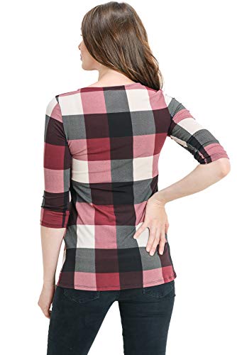 Laclef Women's Round Neck 3/4 Sleeve Front Pleat Peplum Maternity Top, Burgundy Plaid, Medium #TOP3