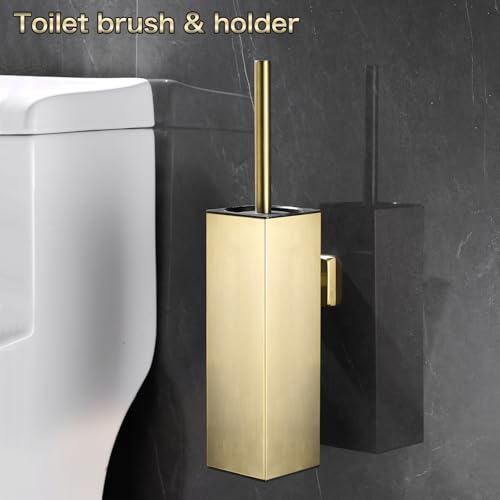 Image of Toilet Brush Set - Brushed Gold, Wall-Mounted Holder, Cleaning Brush Head, and Splash Guard