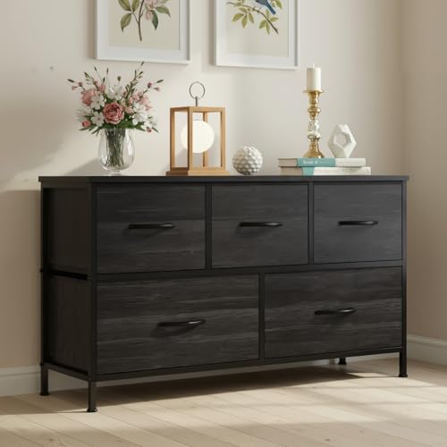 Image of OLIXIS 5 Drawer Dresser for Bedroom, Storage Organizer Unit for Closet | Chest of Drawers for Clothes Storage with Bins, Wide Fabric Bedroom Dresser, Wooden Top, Living Room, Black Wood