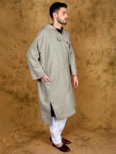 Image of Exotic India Men's Woolen Blend Kashmiri Phiran with Hood | Pure Wool Long Overcoat-Oversized Phiran for Men