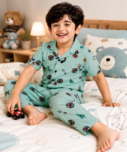 Image of 3BROS Unisex Pure Cotton Short Sleeve Kids Night Dress for Boys & Girls Nightwear /Sleepsuit /Sleepwear /Loungewear Night Suit for Boys and Girls Top and Pyjama Combo Set
