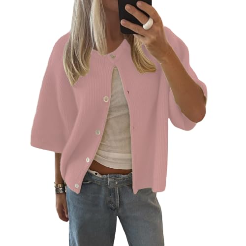 Image of Women's Y2K Crop Cardigan Sweater Short Sleeve Round Neck Button Down Sweater Fall Winter Knit Top Streetwear